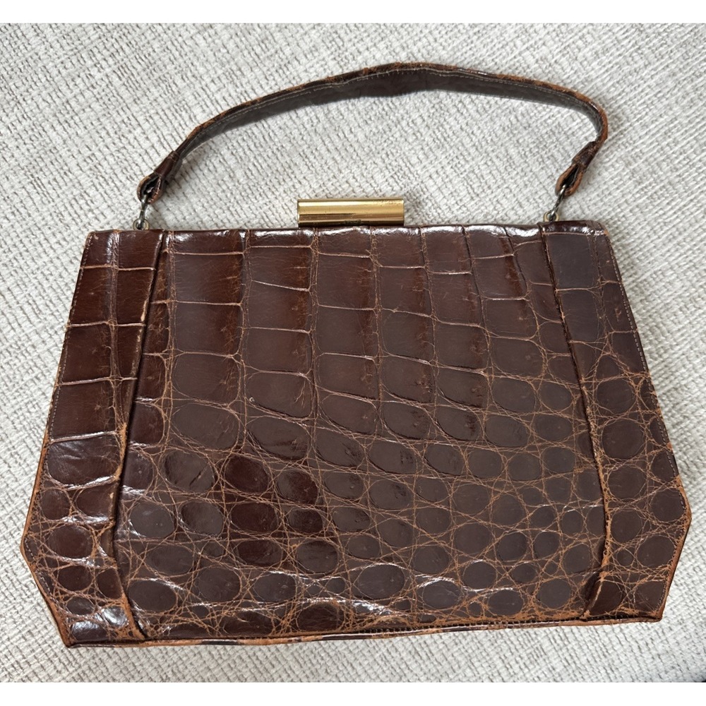 Vintage Jemco Alligator Leather Handbag Top Handle Mid Century Old Money Mad Men
